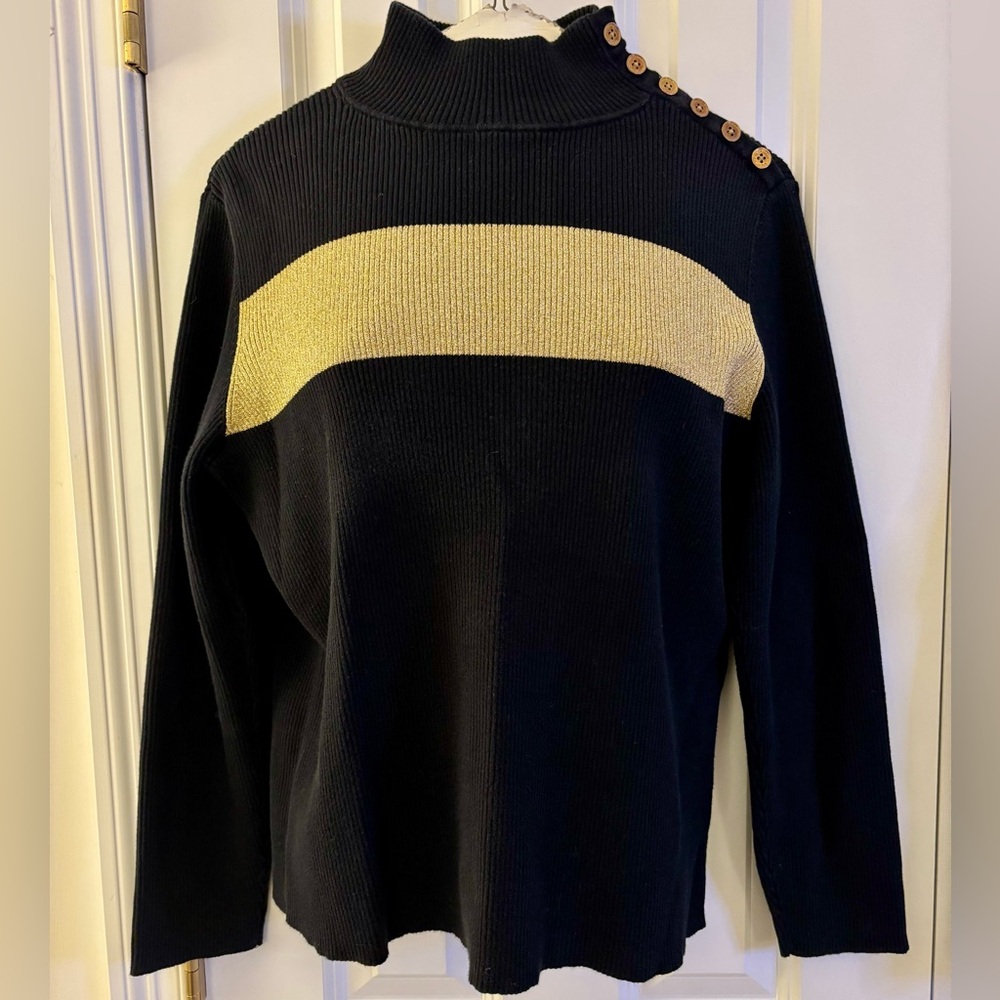 Lauren Ralph Lauren Sweater mock ribbed turtleneck Black, Gold metallic Stripe L